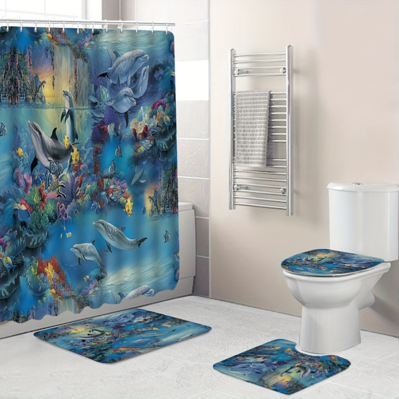 Bamboo Bath Mat - 4pc Dolphin Pattern Bath Mat, Underwater