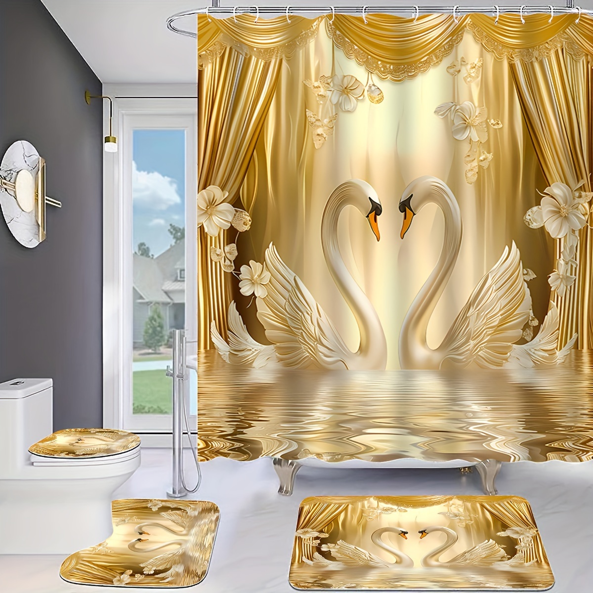 Romantic Golden Swans Bathroom - Bamboo Bath Mat 评论和价格